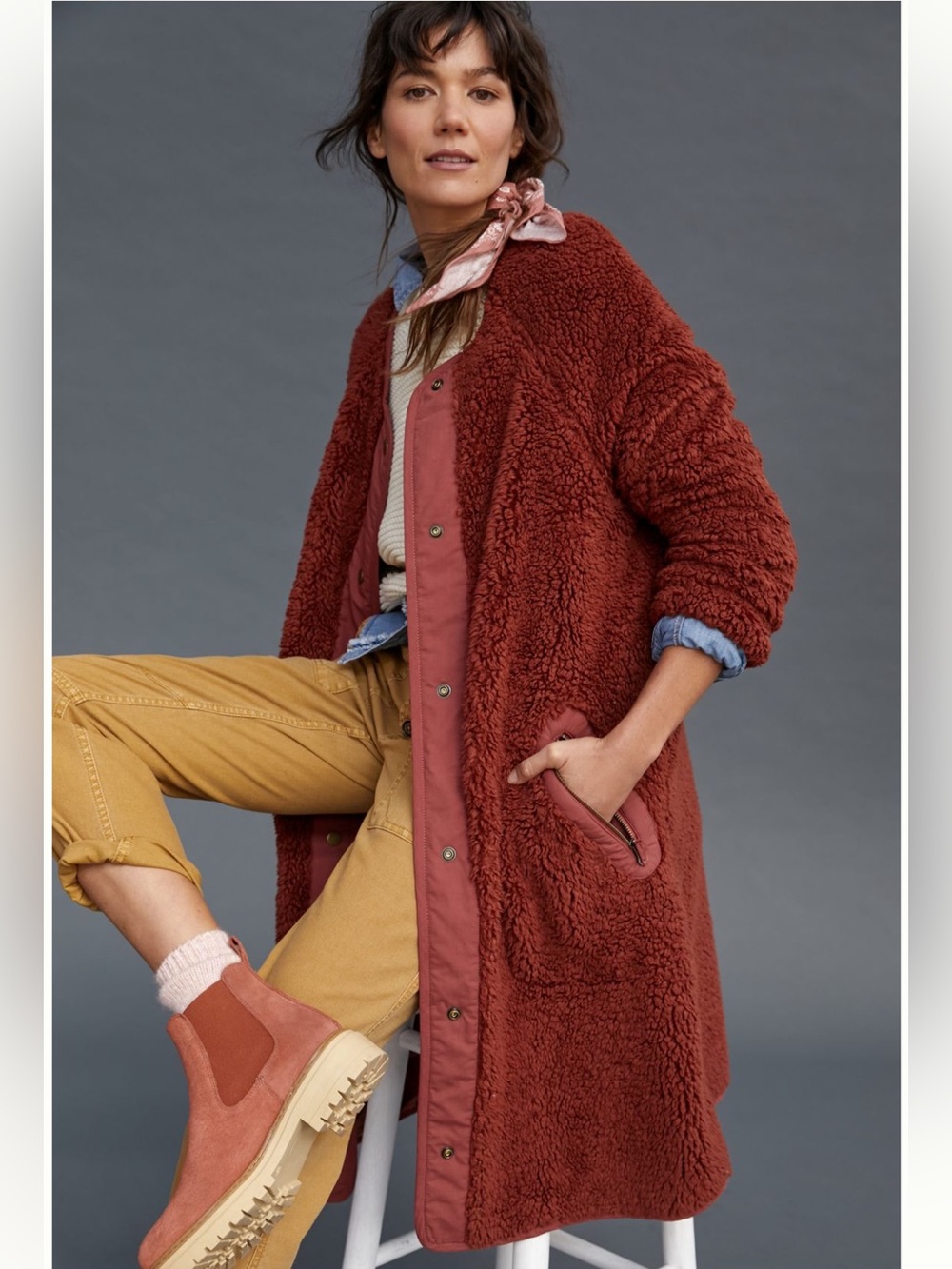 Anthropologie Margot reversible Rust Sherpa Longline coat